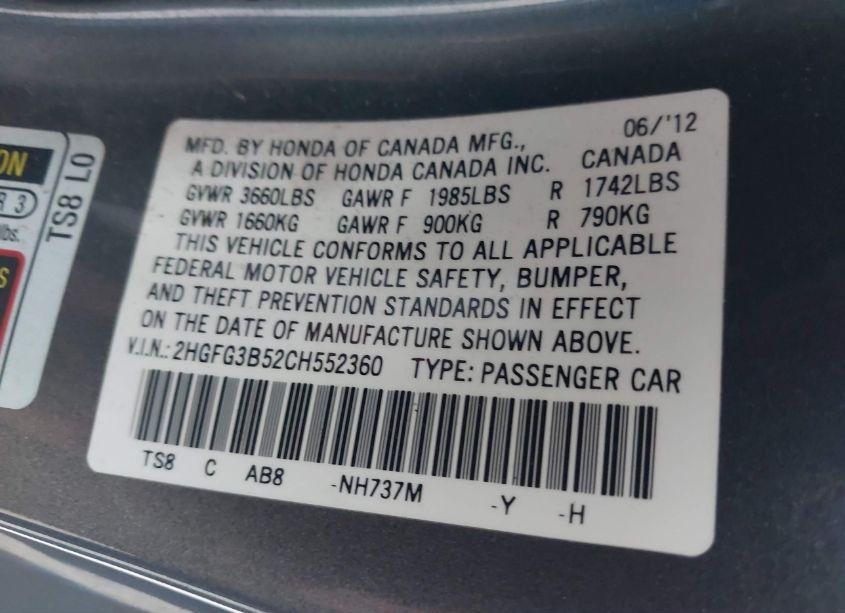 Photo 9 of 2012 Honda Civic LX (VIN 2HGFG3B52CH552360)