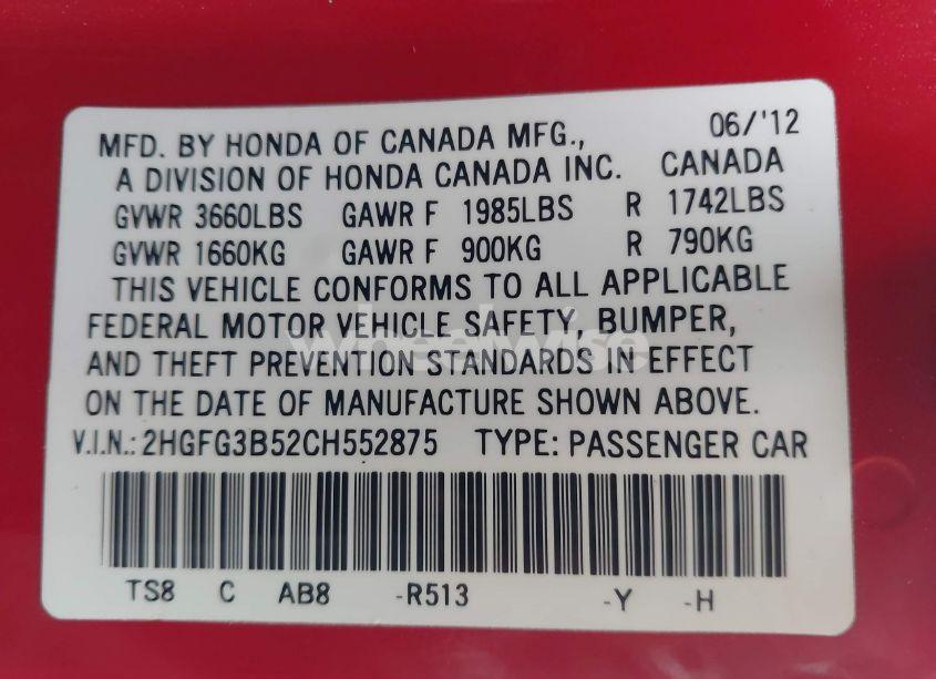 Photo 9 of 2012 Honda Civic LX (VIN 2HGFG3B52CH552875)