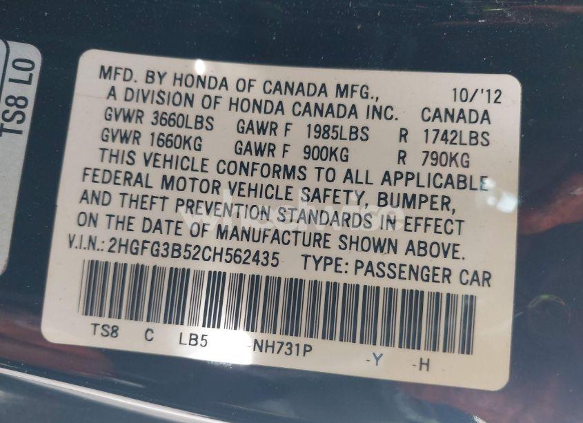 Photo 9 of 2012 Honda Civic LX (VIN 2HGFG3B52CH562435)