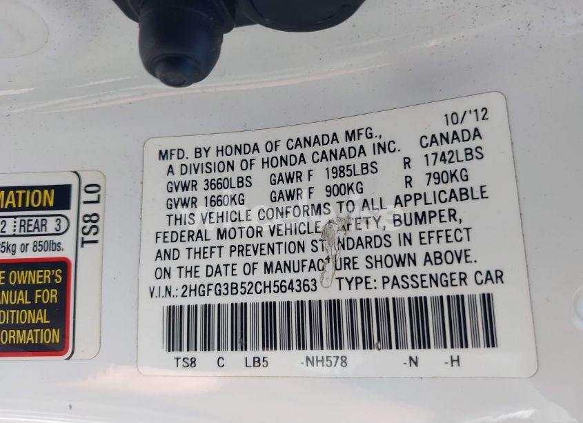 Photo 9 of 2012 Honda Civic LX (VIN 2HGFG3B52CH564363)