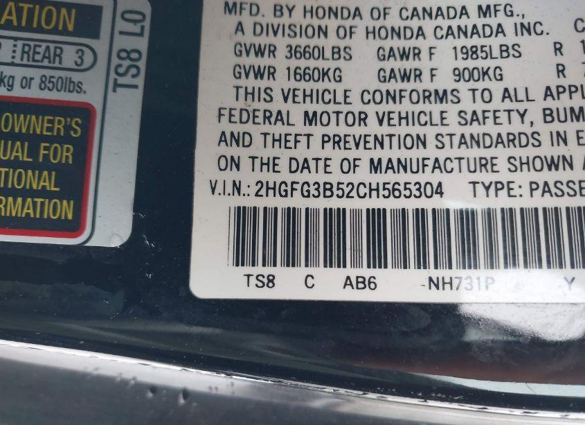 Photo 9 of 2012 Honda Civic LX (VIN 2HGFG3B52CH565304)