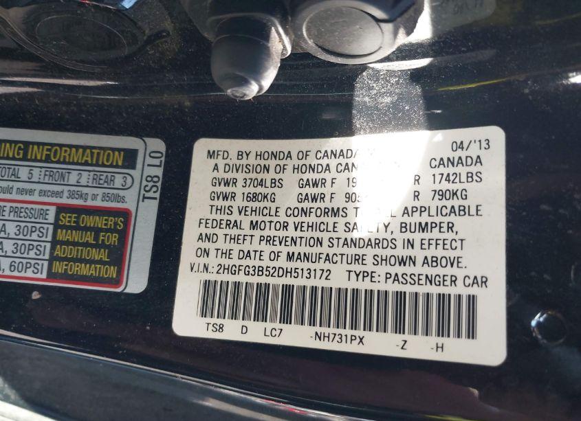 Photo 9 of 2013 Honda Civic LX (VIN 2HGFG3B52DH513172)