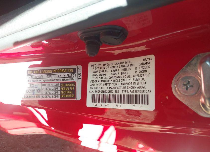 Photo 9 of 2013 Honda Civic LX (VIN 2HGFG3B52DH521658)