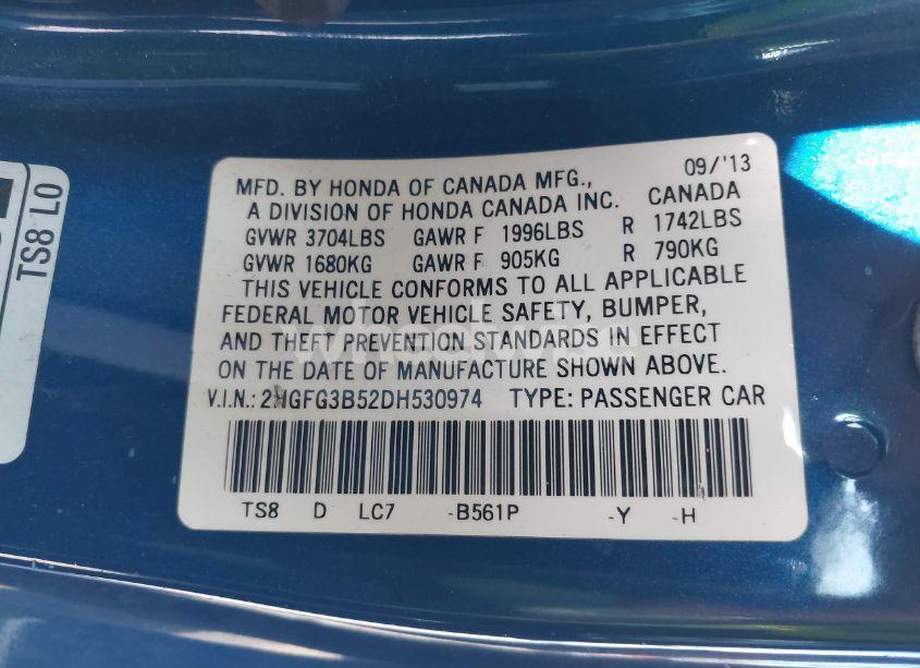 Photo 9 of 2013 Honda Civic LX (VIN 2HGFG3B52DH530974)