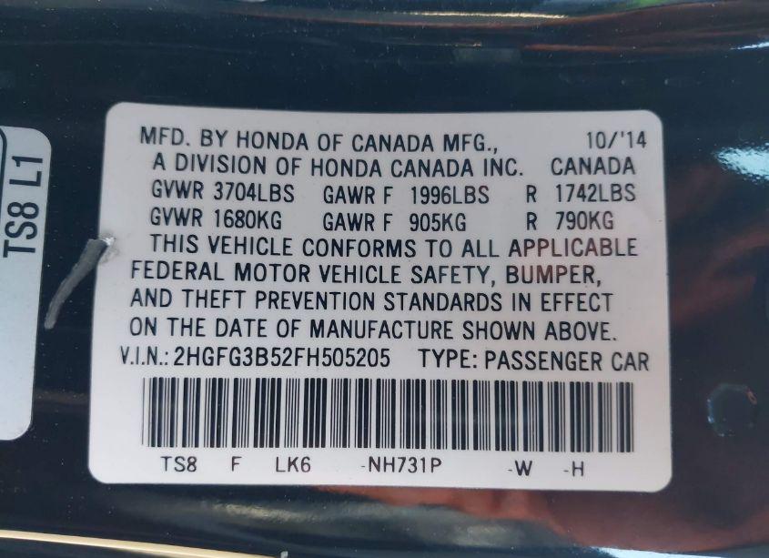 Photo 9 of 2015 Honda Civic LX (VIN 2HGFG3B52FH505205)