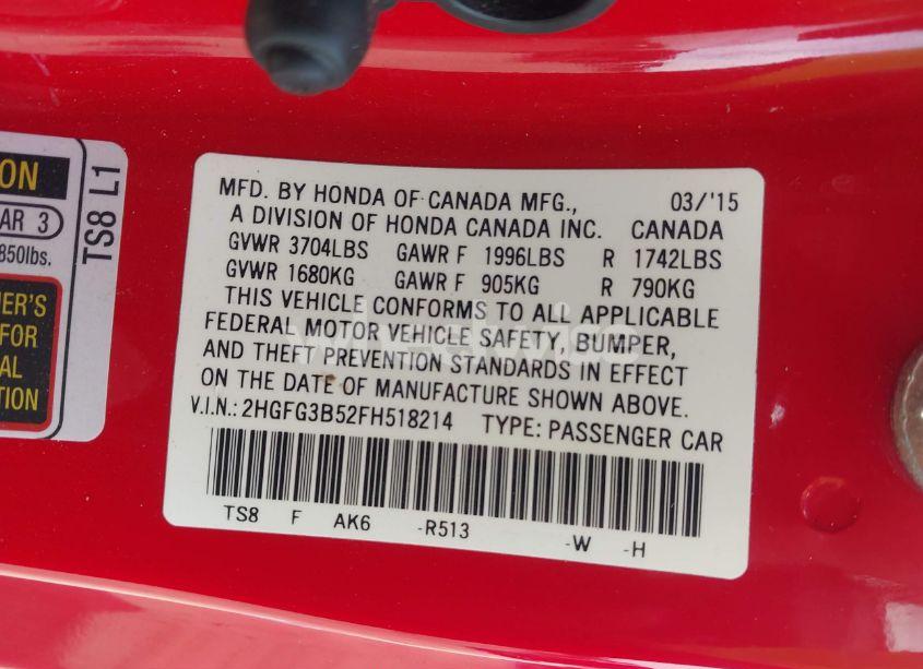 Photo 9 of 2015 Honda Civic LX (VIN 2HGFG3B52FH518214)