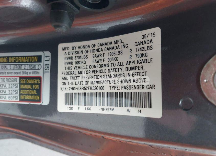 Photo 9 of 2015 Honda Civic LX (VIN 2HGFG3B52FH526166)