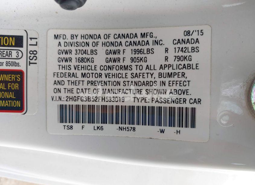 Photo 9 of 2015 Honda Civic LX (VIN 2HGFG3B52FH533019)