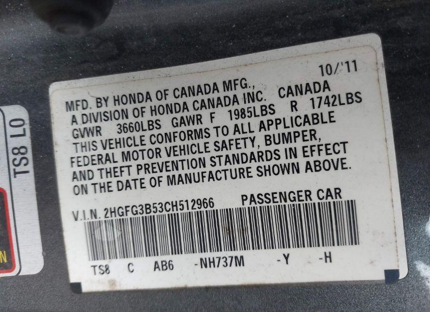 Photo 9 of 2012 Honda Civic LX (VIN 2HGFG3B53CH512966)