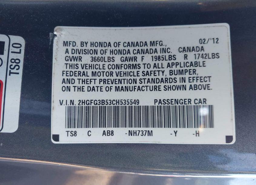 Photo 9 of 2012 Honda Civic LX (VIN 2HGFG3B53CH535549)