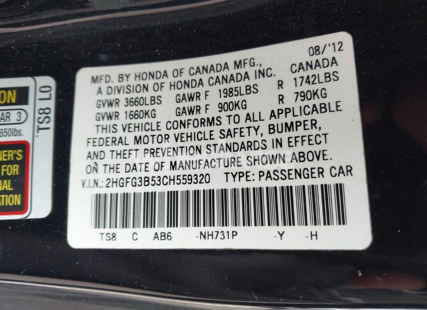 Photo 9 of 2012 Honda Civic LX (VIN 2HGFG3B53CH559320)