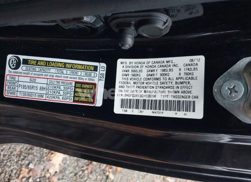 Photo 9 of 2012 Honda Civic LX (VIN 2HGFG3B53CH559396)