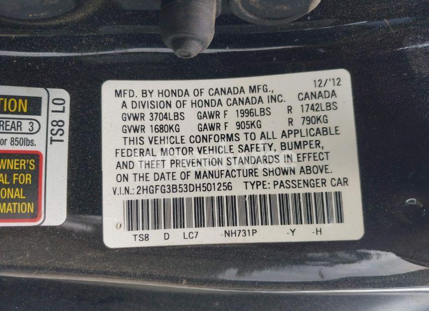 Photo 9 of 2013 Honda Civic LX (VIN 2HGFG3B53DH501256)