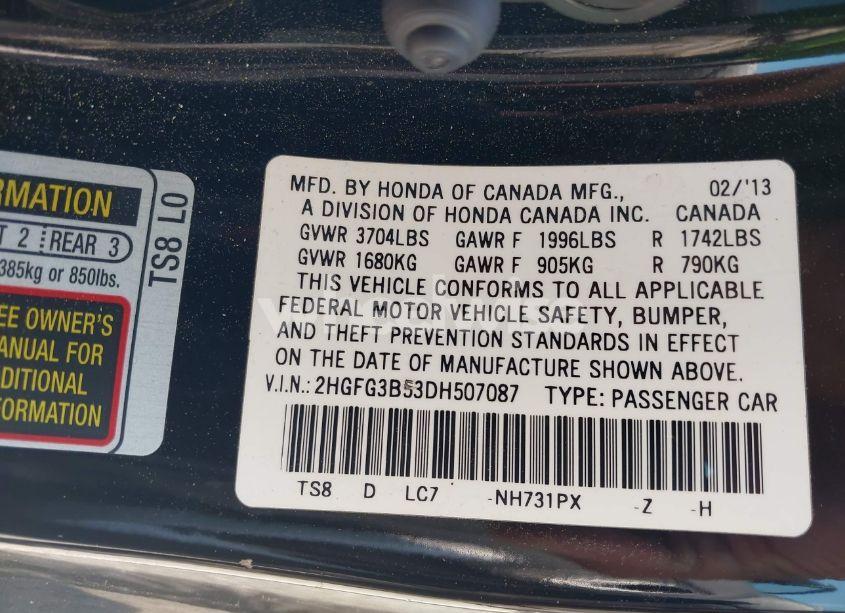 Photo 9 of 2013 Honda Civic LX (VIN 2HGFG3B53DH507087)