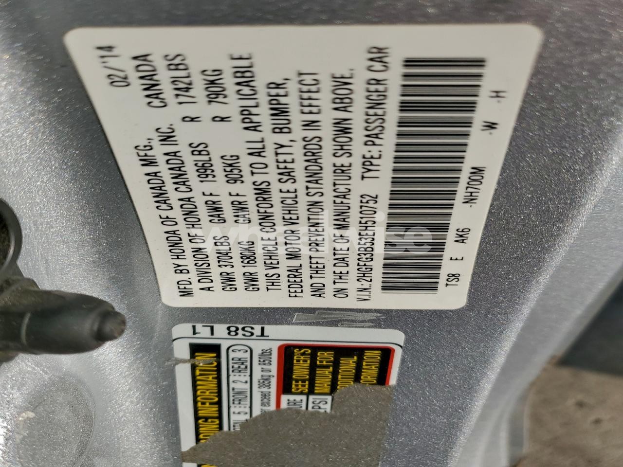 Photo 12 of 2014 HONDA CIVIC LX (VIN 2HGFG3B53EH510752)