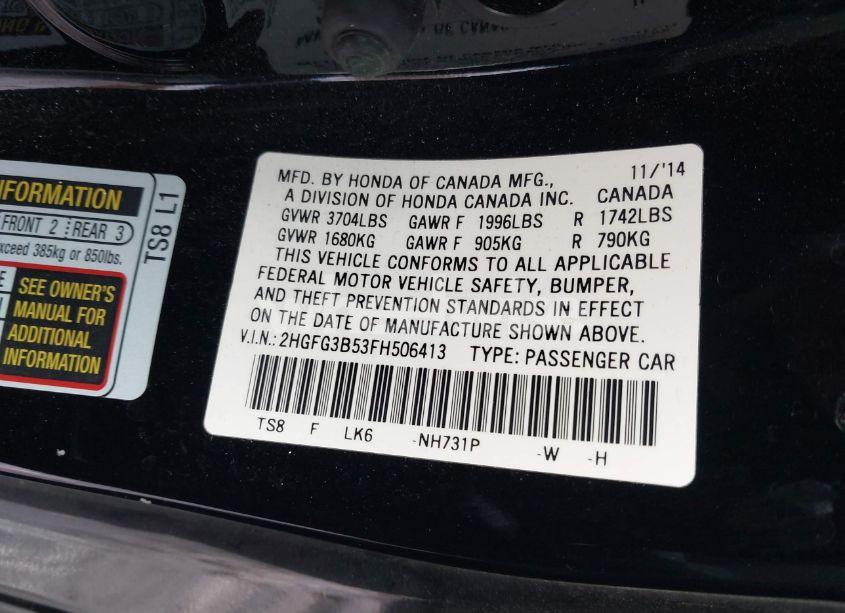Photo 9 of 2015 Honda Civic LX (VIN 2HGFG3B53FH506413)