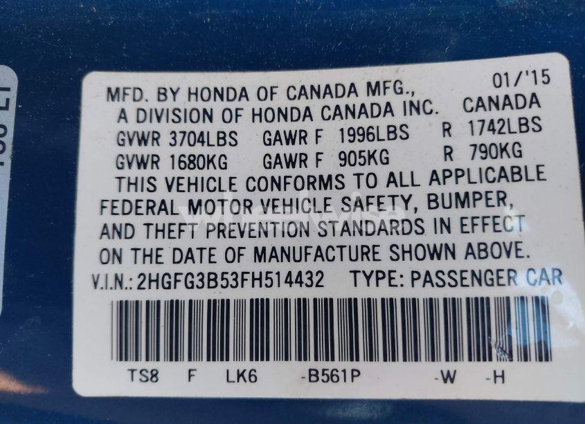 Photo 9 of 2015 Honda Civic LX (VIN 2HGFG3B53FH514432)
