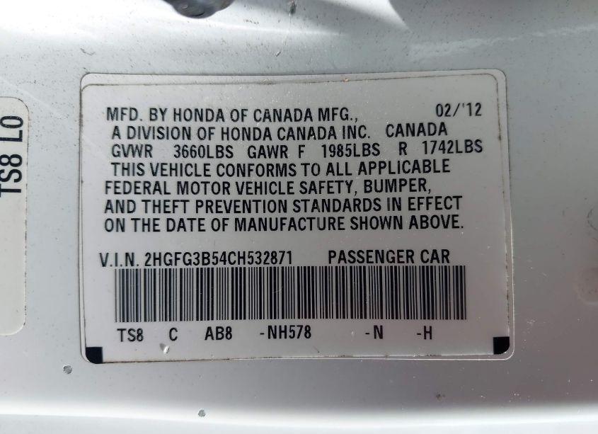 Photo 9 of 2012 Honda Civic LX (VIN 2HGFG3B54CH532871)