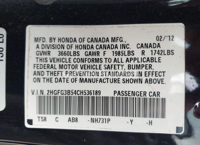 Photo 9 of 2012 Honda Civic LX (VIN 2HGFG3B54CH536189)