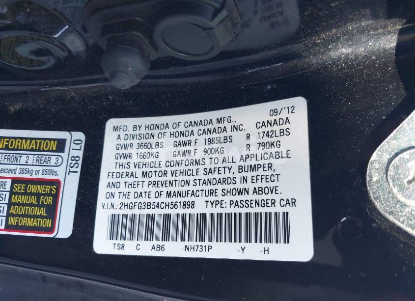 Photo 9 of 2012 Honda Civic LX (VIN 2HGFG3B54CH561898)