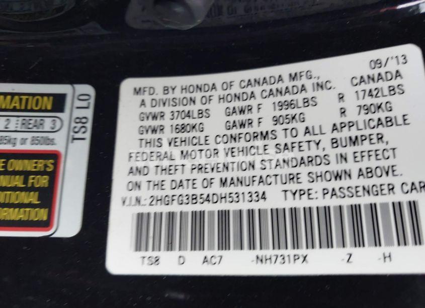 Photo 9 of 2013 Honda Civic LX (VIN 2HGFG3B54DH531334)