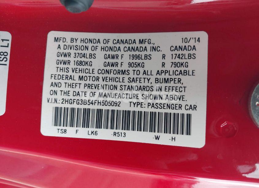 Photo 9 of 2015 Honda Civic LX (VIN 2HGFG3B54FH505092)