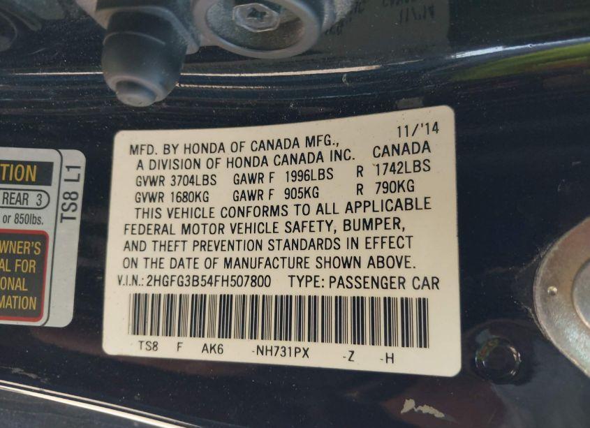 Photo 9 of 2015 Honda Civic LX (VIN 2HGFG3B54FH507800)