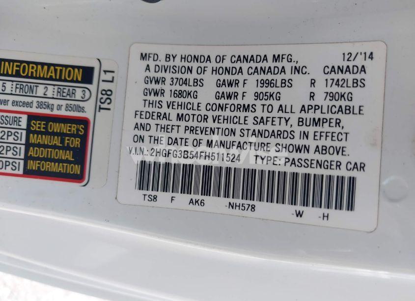 Photo 9 of 2015 Honda Civic LX (VIN 2HGFG3B54FH511524)