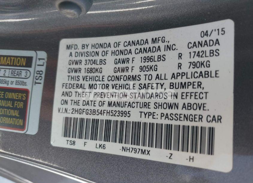 Photo 9 of 2015 Honda Civic LX (VIN 2HGFG3B54FH523995)