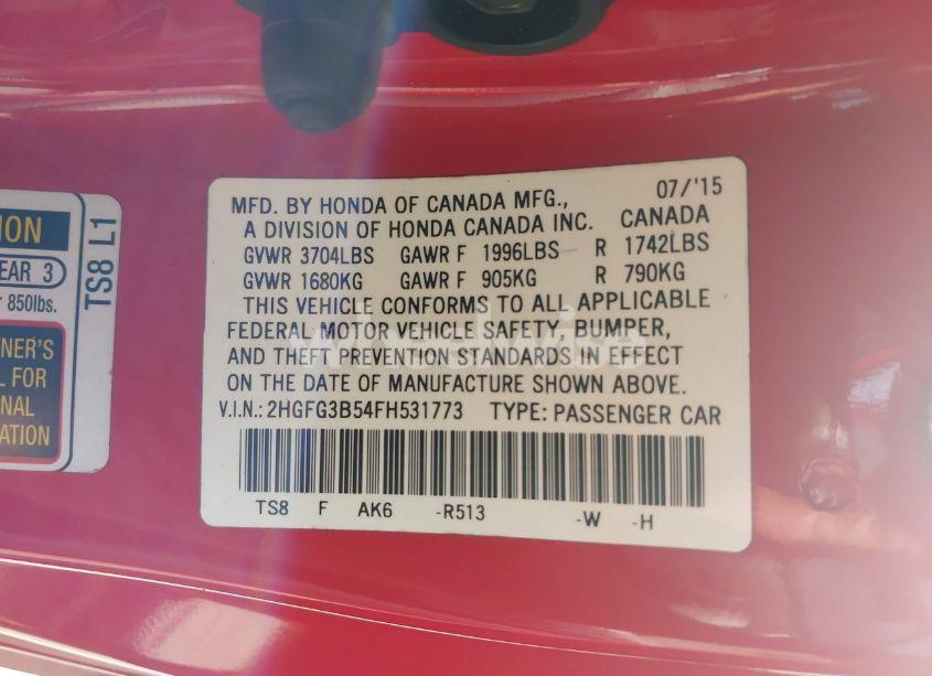 Photo 9 of 2015 Honda Civic LX (VIN 2HGFG3B54FH531773)