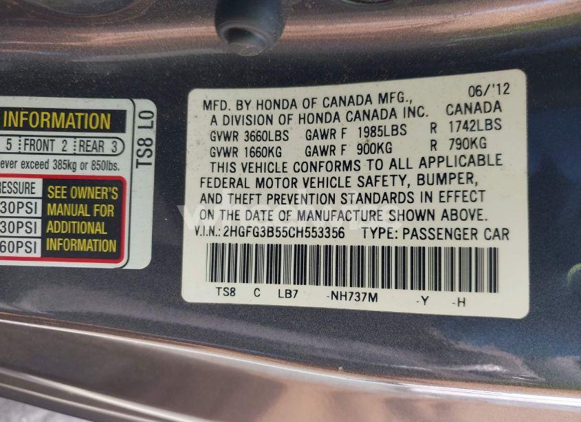 Photo 9 of 2012 Honda Civic LX (VIN 2HGFG3B55CH553356)