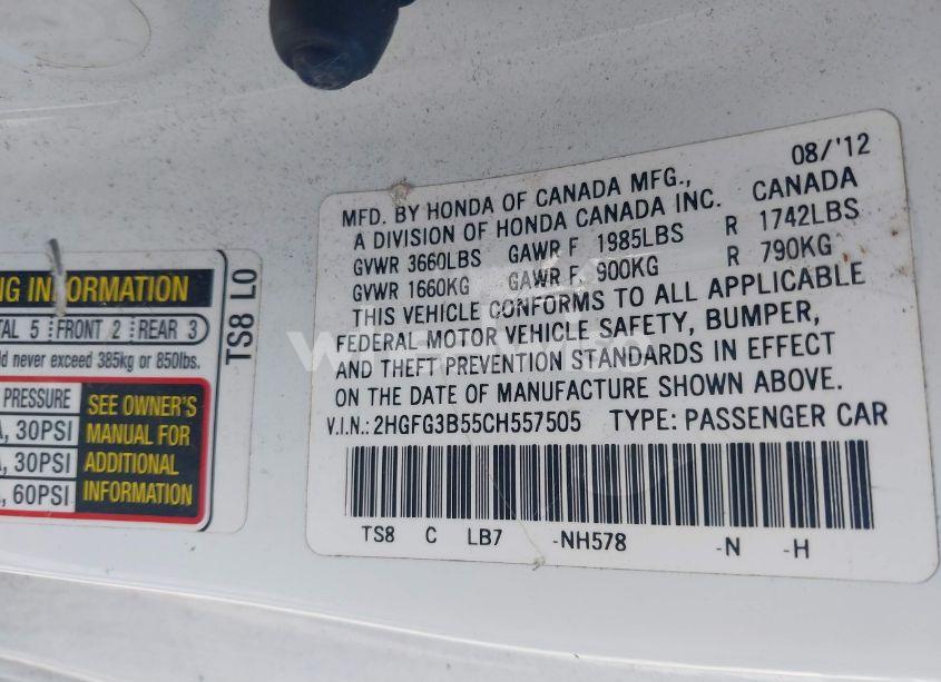 Photo 9 of 2012 Honda Civic LX (VIN 2HGFG3B55CH557505)