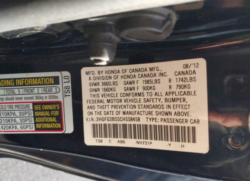 Photo 9 of 2012 Honda Civic LX (VIN 2HGFG3B55CH558458)