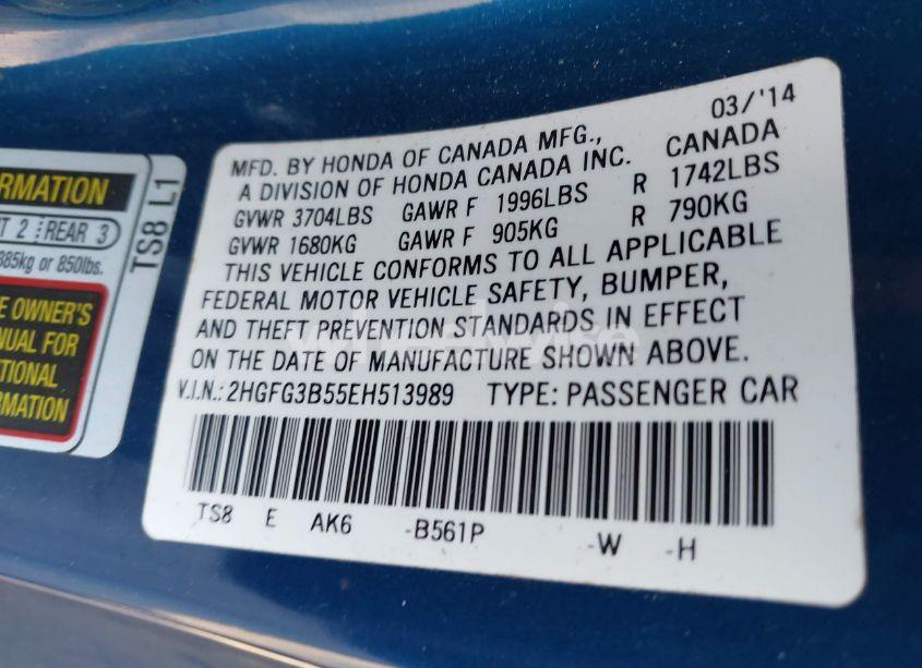 Photo 9 of 2014 Honda Civic LX (VIN 2HGFG3B55EH513989)