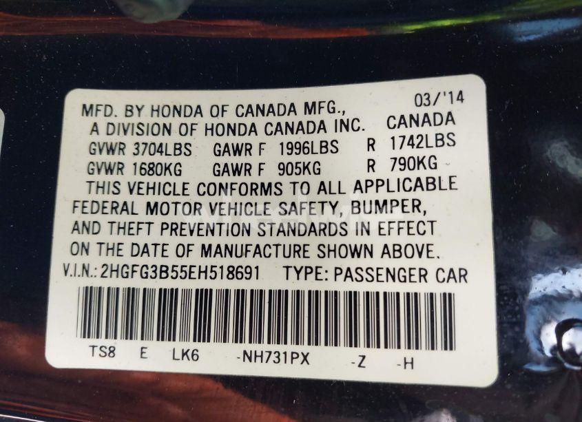 Photo 9 of 2014 Honda Civic LX (VIN 2HGFG3B55EH518691)