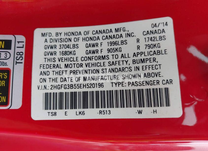 Photo 9 of 2014 Honda Civic LX (VIN 2HGFG3B55EH520196)