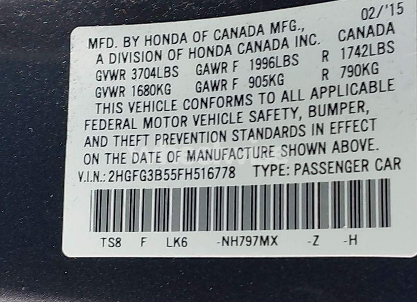 Photo 9 of 2015 Honda Civic LX (VIN 2HGFG3B55FH516778)