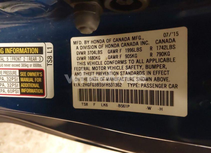 Photo 9 of 2015 Honda Civic LX (VIN 2HGFG3B55FH531362)