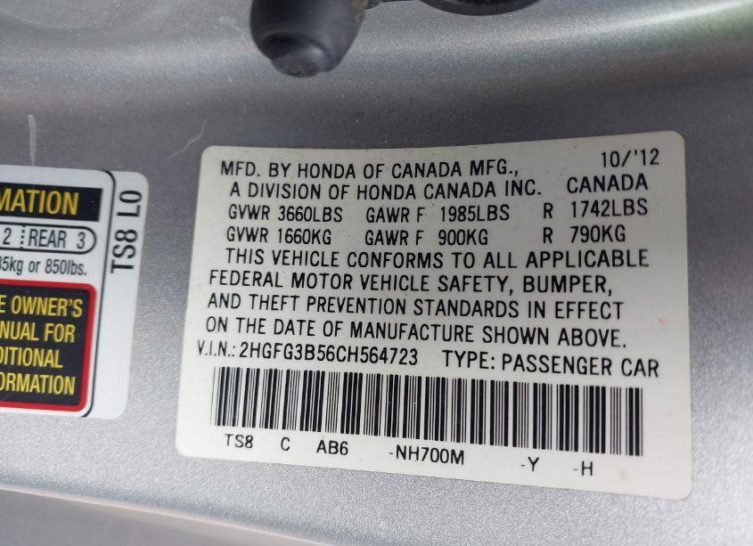 Photo 9 of 2012 Honda Civic LX (VIN 2HGFG3B56CH564723)