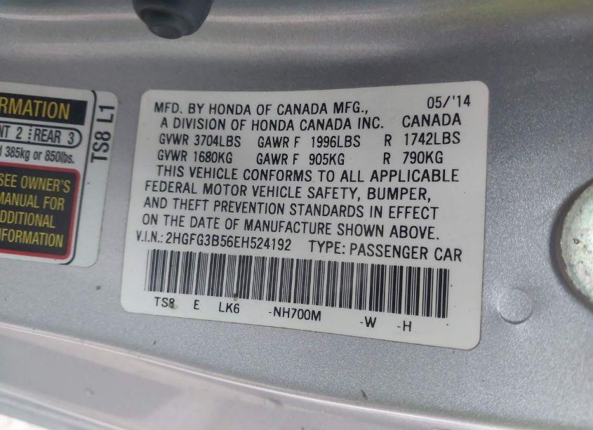 Photo 9 of 2014 Honda Civic LX (VIN 2HGFG3B56EH524192)