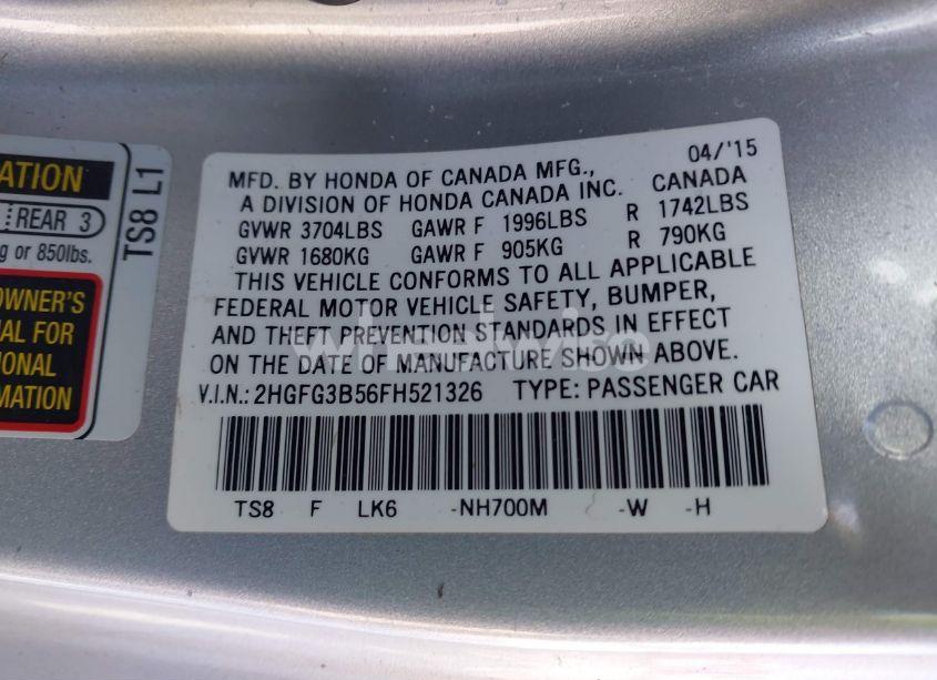 Photo 9 of 2015 Honda Civic LX (VIN 2HGFG3B56FH521326)