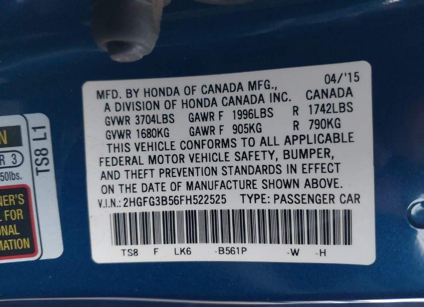 Photo 9 of 2015 Honda Civic LX (VIN 2HGFG3B56FH522525)