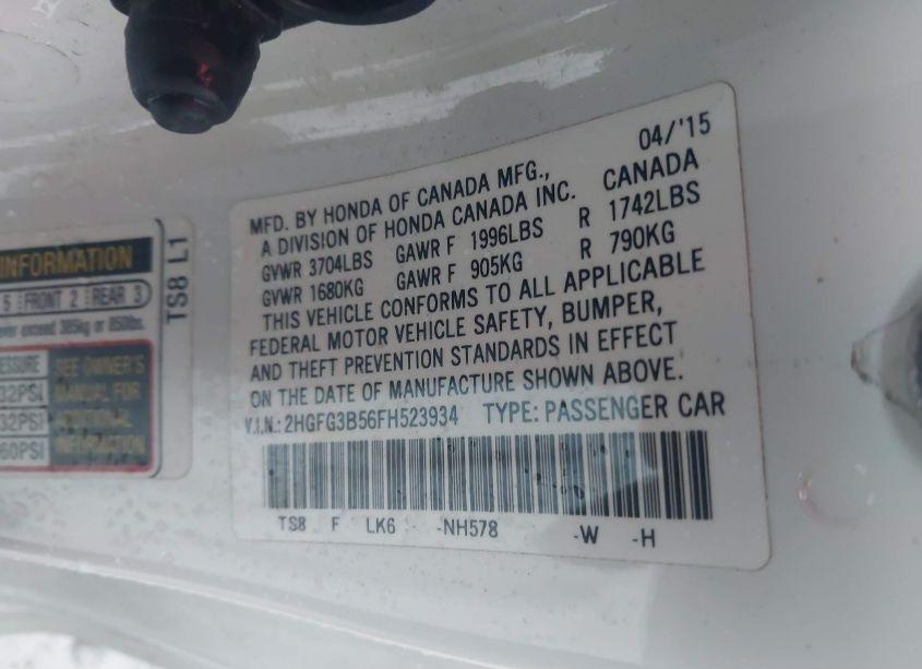 Photo 9 of 2015 Honda Civic LX (VIN 2HGFG3B56FH523934)