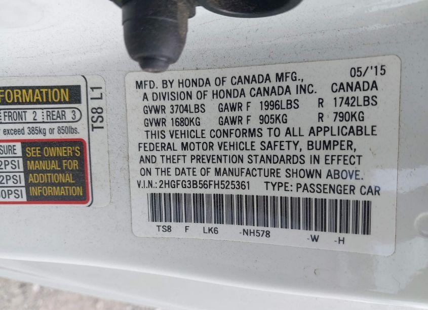 Photo 9 of 2015 Honda Civic LX (VIN 2HGFG3B56FH525361)