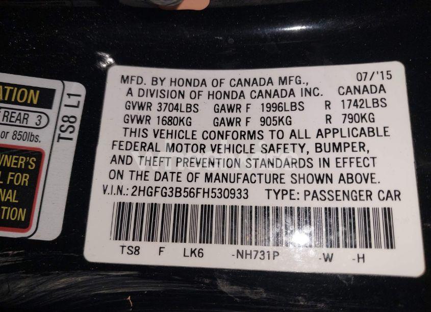 Photo 9 of 2015 Honda Civic LX (VIN 2HGFG3B56FH530933)