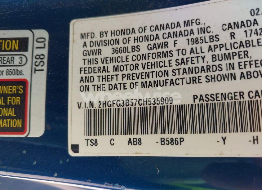 Photo 9 of 2012 Honda Civic LX (VIN 2HGFG3B57CH535909)