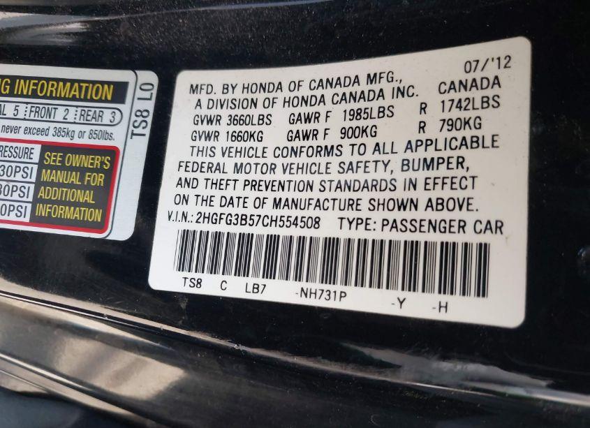 Photo 9 of 2012 Honda Civic LX (VIN 2HGFG3B57CH554508)