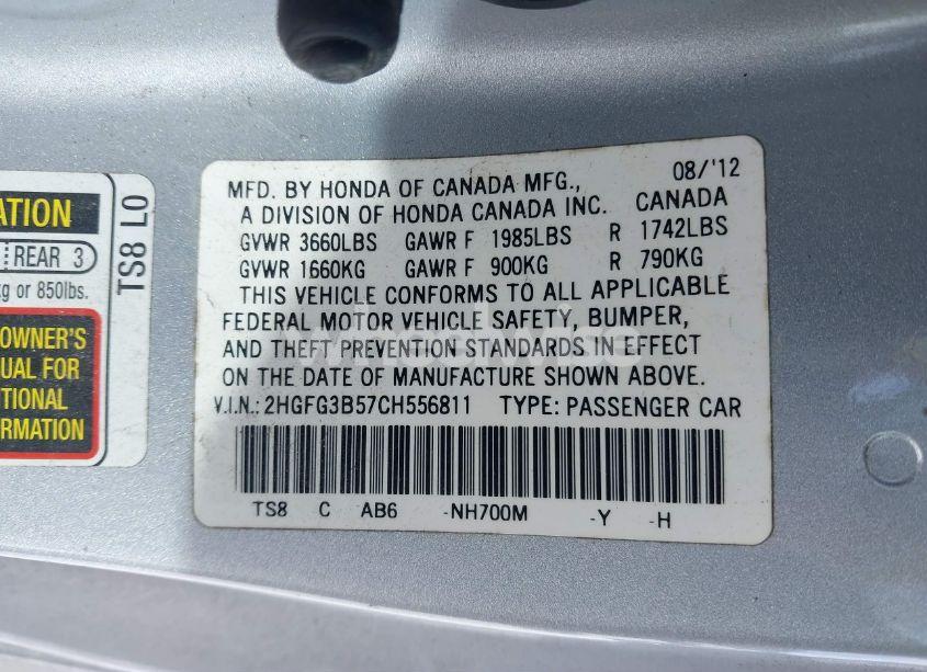 Photo 9 of 2012 Honda Civic LX (VIN 2HGFG3B57CH556811)