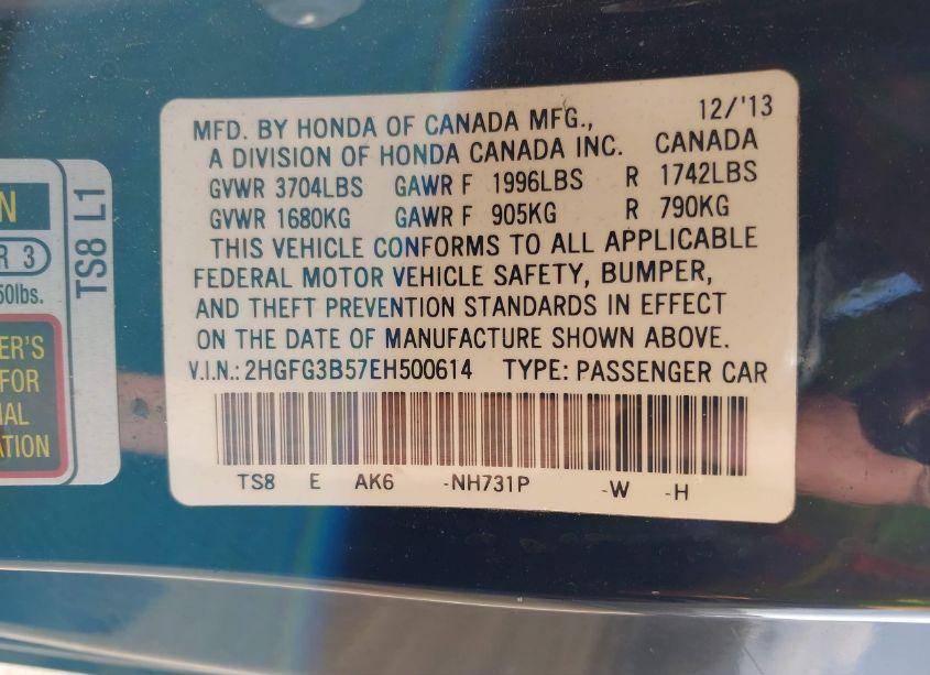 Photo 9 of 2014 Honda Civic LX (VIN 2HGFG3B57EH500614)