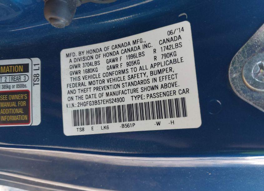 Photo 9 of 2014 Honda Civic LX (VIN 2HGFG3B57EH524900)